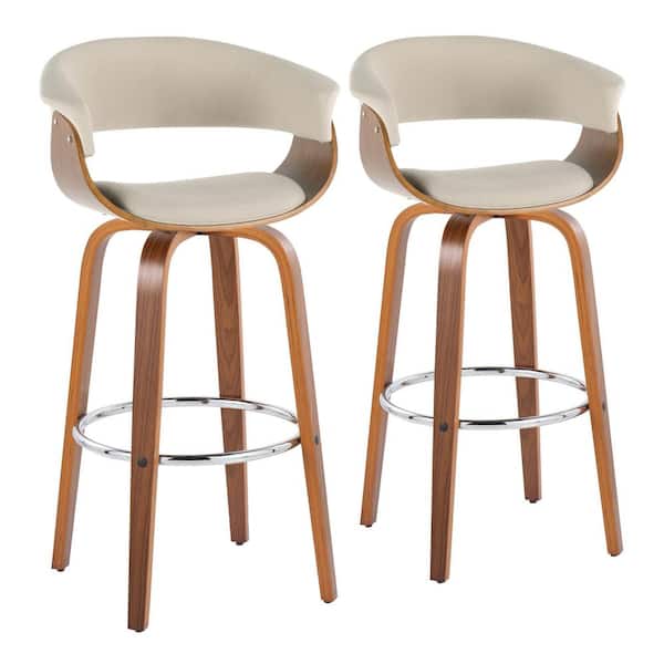Lumisource Vintage Mod 29 in. Cream Fabric, Walnut Wood and Chrome Metal Fixed-Height Bar Stool Round Footrest (Set of 2)