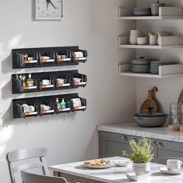 Wall Mounted Storage Bins, 12 Plastic Bins and 3 Metal Rails, Stackable Organizer for Screws, Nuts, Bolts, Nails, Black