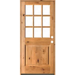 36 in. x 80 in. Rustic Knotty Alder Clear Low-E Glass 9-Lite Clear Stain Left Hand Inswing Single Prehung Front Door
