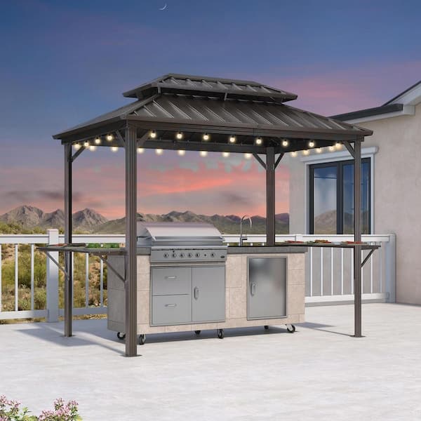 6 ft. x 9 ft. Hardtop Grill Gazebo for Patio Aluminum Barbecue Shelter Gazebo, Hooks, Shelves Double Tiered 24-Lights