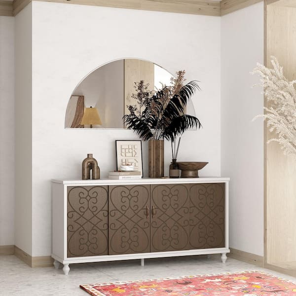 FUFU&GAGA 63.1 in. L Brown Paint Finish Rectangle Wood Console Table Sideboard With Adjustable Shelves and Sliding Doors, Hallway