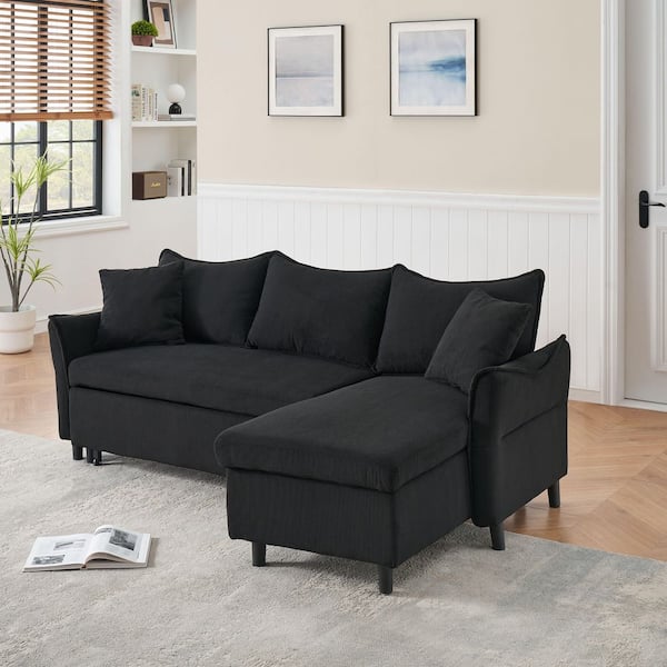 Black 80 in. Corduroy Chenille L-Shaped 3-Seater Full Size Sofa Bed with Pull-Out Bed, 2 Throw Pillows and Storage