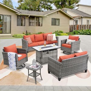 Hyperion 6-Pcs Wicker Patio Rectangular Fire Pit Set and with Orange Red Cushions and Swivel Rocking Chairs