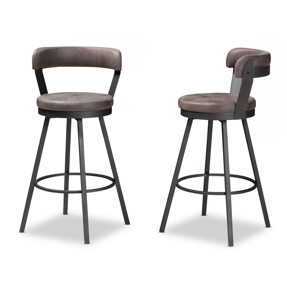 Arcene Antique Gray Faux Leather Swivel Barstools with Metal Frame, Set of 2