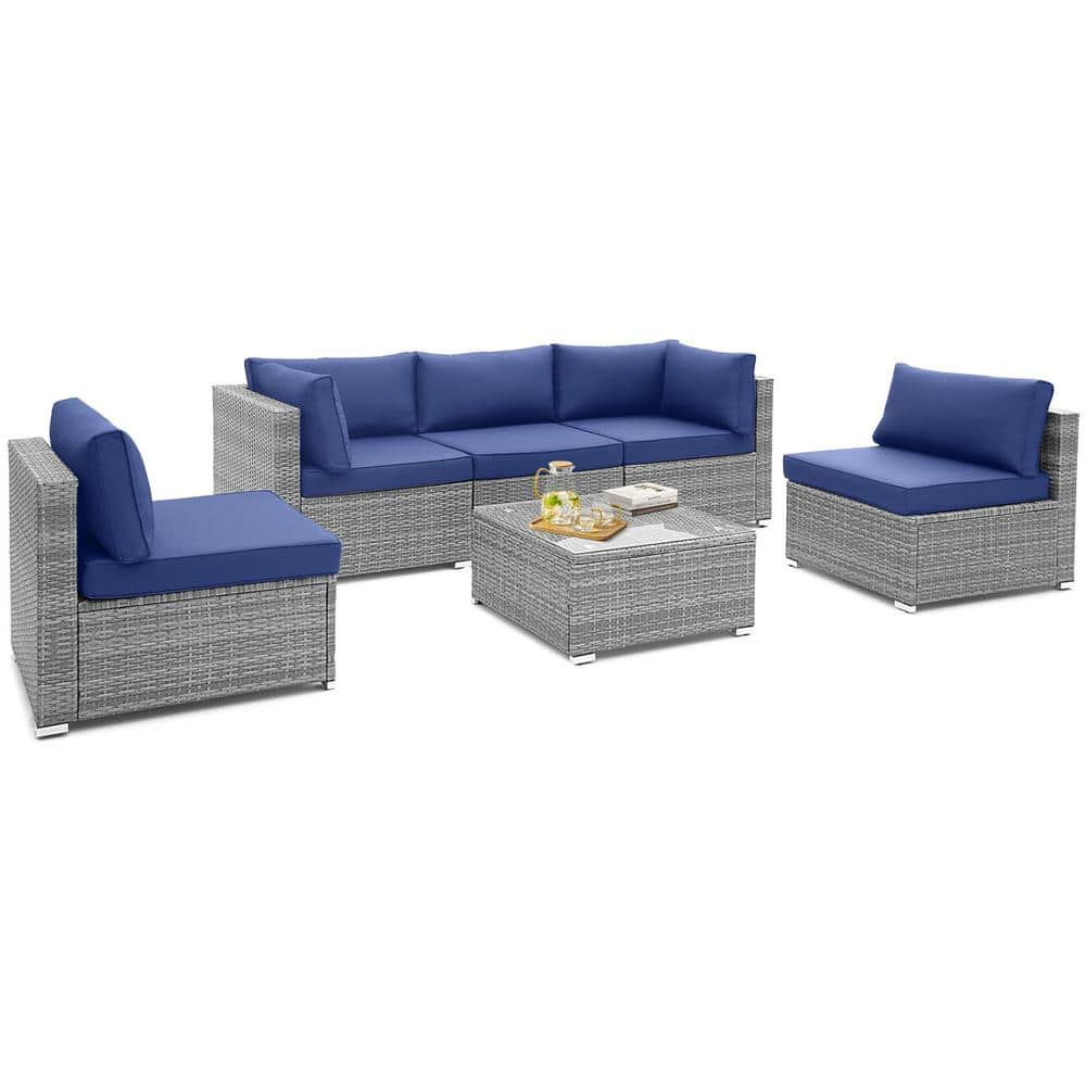 6-Piece Wicker Patio Conversation Set Rattan with Tempered Glass Coffee Table and Navy Cushion -  ANGELES HOME, CK67-HW937BK+