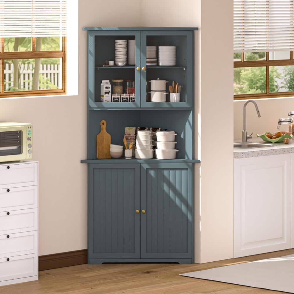 VEIKOUS Corner Pantry Organizer Cabinet with Adjustable Shelves and Glass Doors in Teal Blue HP0109-01BU-P