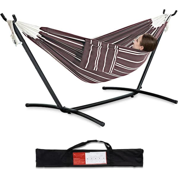 Unbranded 9 ft. 2-Person Heavy Duty Double Hammock with Space Saving Steel Stand, 450 lbs. Capacity and Carrying Bag in Brown