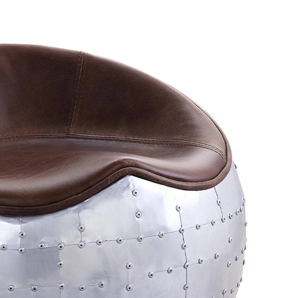 Retro Brown Top Grain Leather and Aluminum Round Ottoman