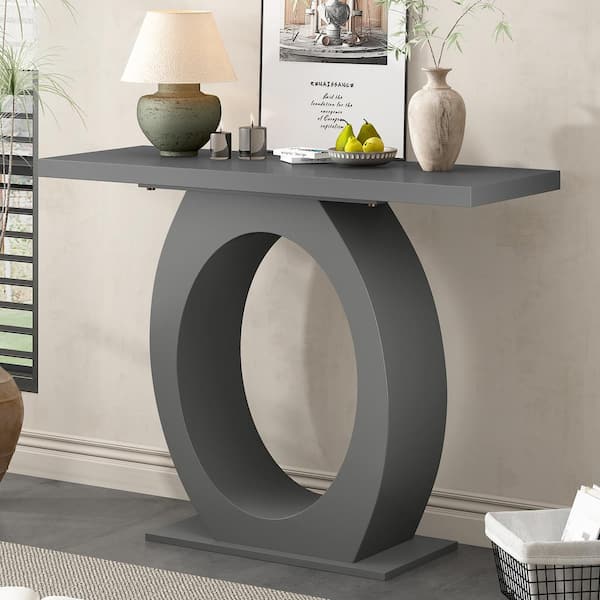 Sylvara 39.4 in. Modern Ring Design Rectangle MDF Console Table, Grey