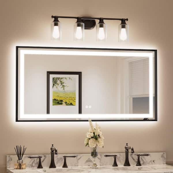 48 in. W x 24 in. H Rectangular Framed LED Lighted Bathroom Vanity Mirror with Light in Black with Backlit and Anti-Fog