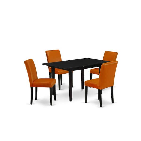 East West Furniture 5-Piece Black Finish Solid Wood Top-Rectangular Upholstered Dining Room Set with Butterfly Leaf-Seats 4