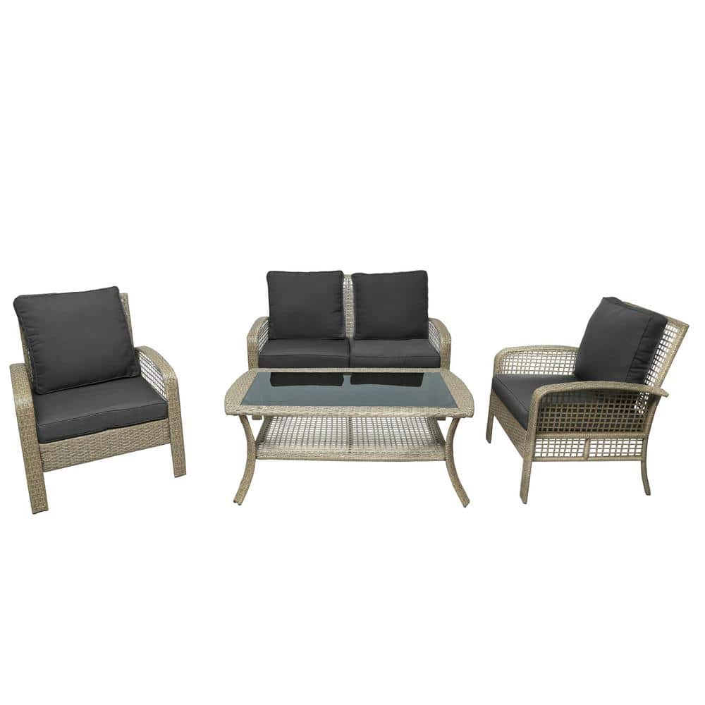 4-Piece Wicker Patio Conversation Set with Gray Cushions