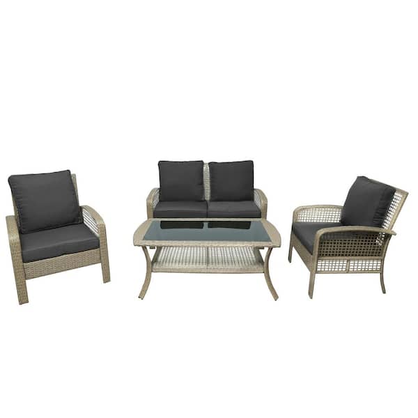 Unbranded 4-Piece Wicker Patio Conversation Set with Gray Cushions