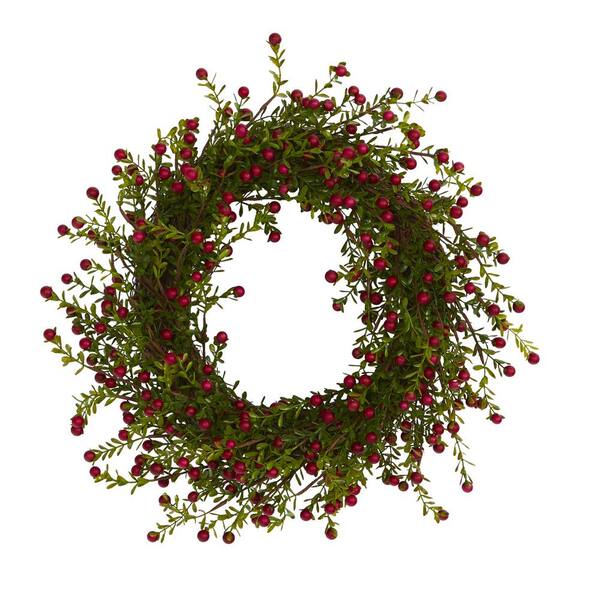 Nearly Natural 16 in. Boxwood and Berries Artificial Wreath