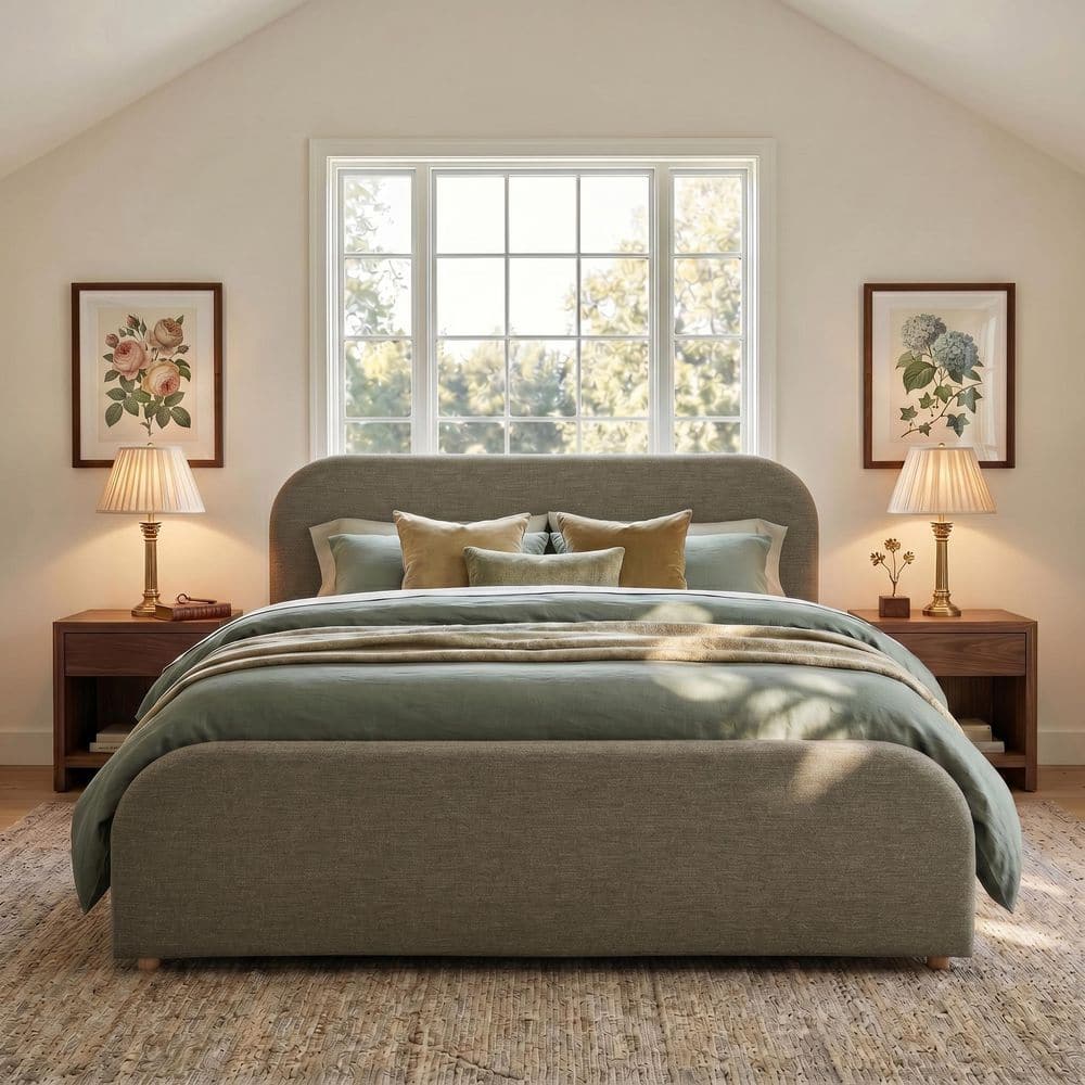 Green Wood Frame California King Size Linen Upholstered Platform Bed with Curved Headboard, Solid Wood Legs price history on PriceWatchPro