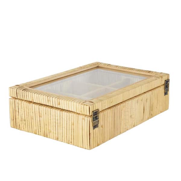 Litton Lane Brown Rattan Handmade Wrapped 6 Slot Jewelry Box with Tempered Glass Top
