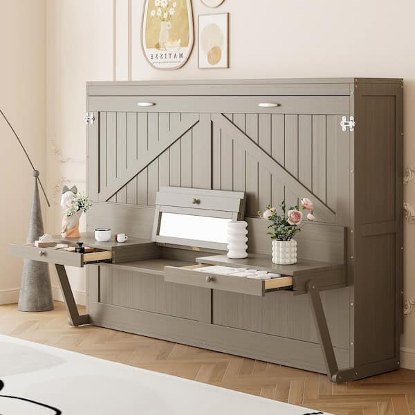 Distressed Gray Wood Frame Queen Size Murphy Bed with Vanity Desk including Center Mirror and 2 Side Drawers