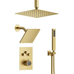 Thermostatic 7-Spray 12 in. Ceiling Mount Dual Shower Head and Handheld Shower in Brushed Gold (Valve Included)