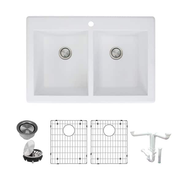 Transolid Radius All-in-One Drop-in Granite 33 in. 1-Hole Equal Double Bowl Kitchen Sink in White