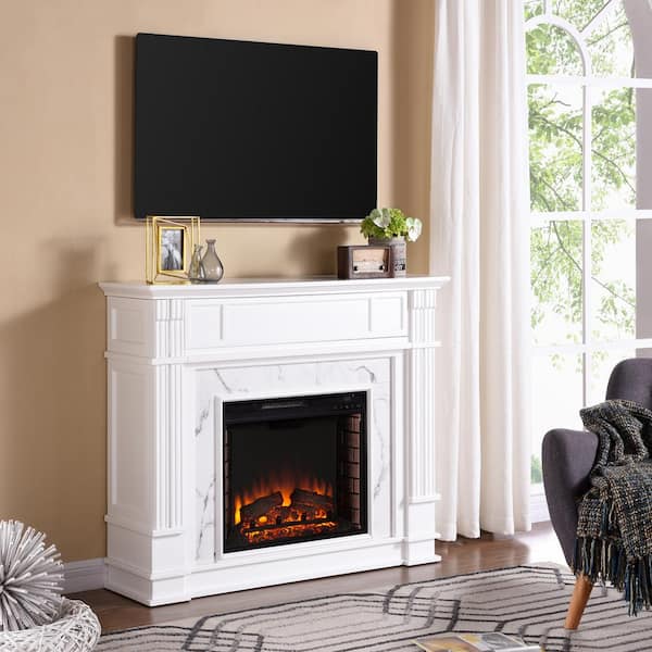 Rochester 48 in. W Faux Cararra Electric Media Fireplace in White