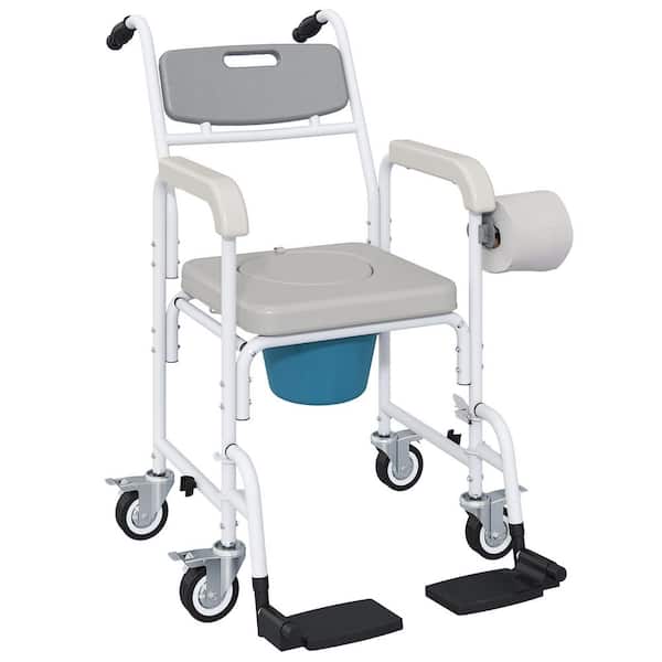 Aluminum Shower Wheelchair, Commode Wheeled Chair with Seat, Backrest, Arms, Locking Wheels, Gray