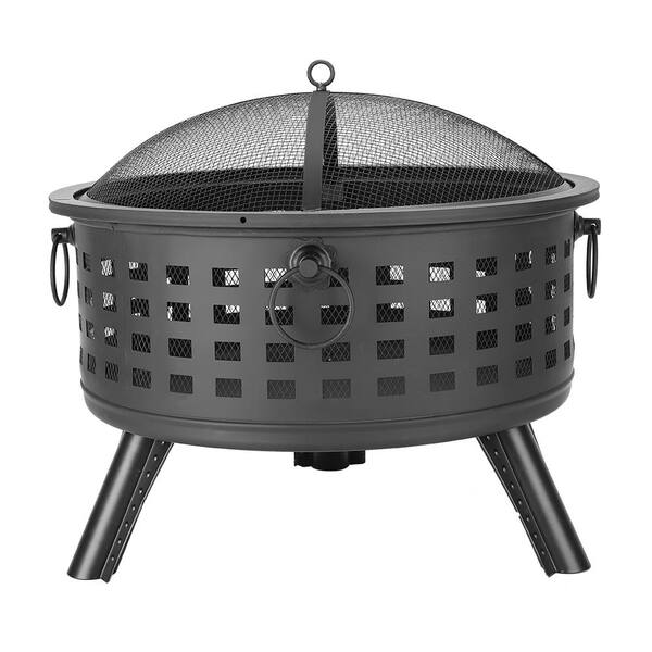 Winado 26 in. W x 21 in. H Round Metal Wood Burning Fire Pit in Black ...