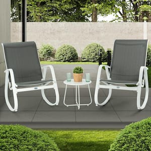 Aluminum Outdoor Rocking Chair with 2 Breathable Mesh Fabric Seat White Frame Rocking Chairs and 1 coffee table