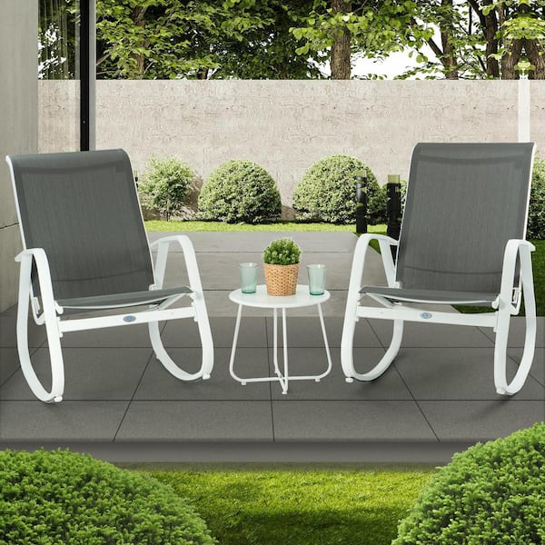 KOZYARD Aluminum Outdoor Rocking Chair with 2 Breathable Mesh Fabric Seat White Frame Rocking Chairs and 1 coffee table