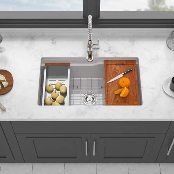 32 in. W x 19 in. D x 10 in. H Undermount and Top Mount Workstation Single Bowl Fireclay Kitchen Sink in White