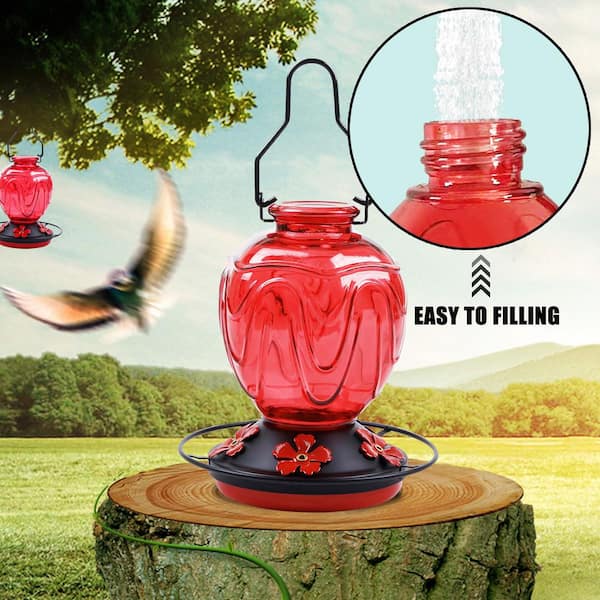 24 oz. Red Glass Hummingbird Feeder with 5 Flower Ports Leak Proof Design Outdoor Hanging Garden Decor Gifts (1-Pack)