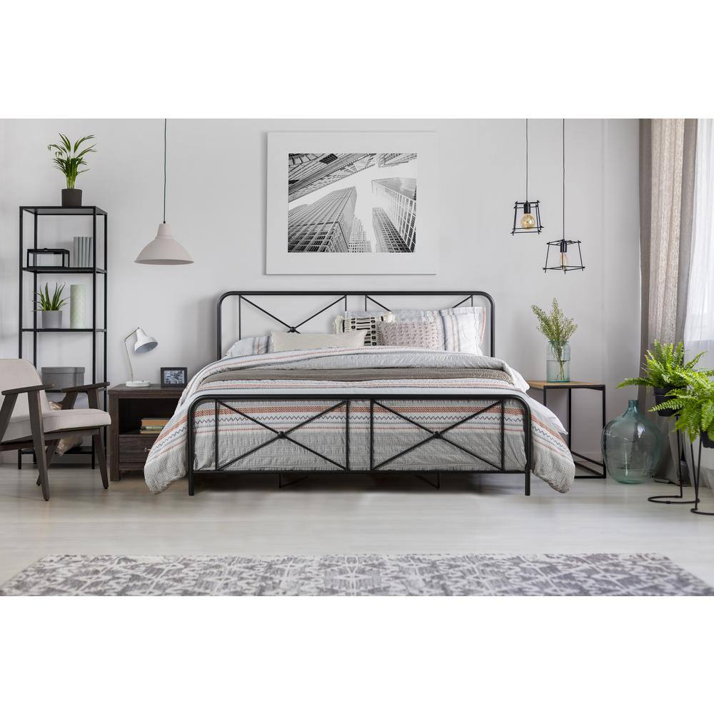 King Black Metal Frame Bed with Double X Design