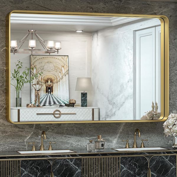 TETOTE 55 in. W x 36 in. H Rectangular Aluminum Framed Wall Mount Bathroom Vanity Mirror in Gold