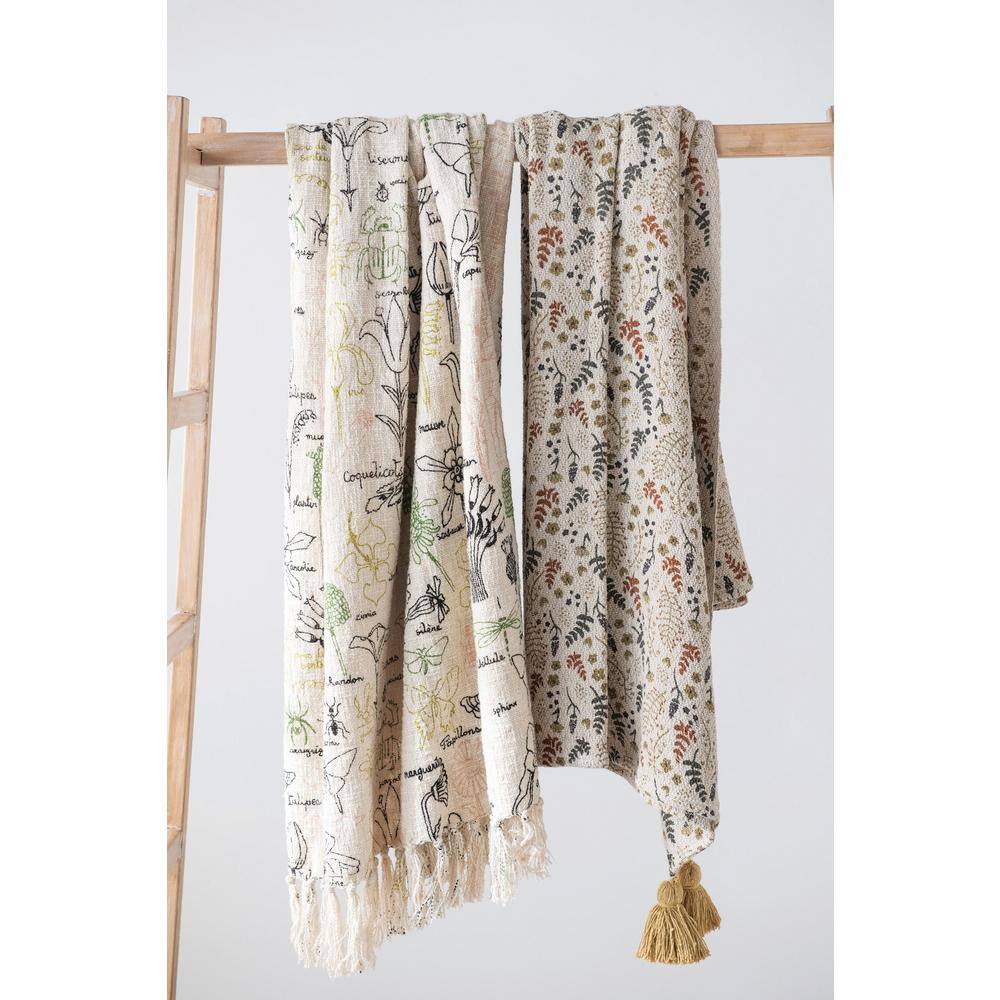 Neutral Floral Cotton Blend Throw Blanket with Tassels, 60" x 50"