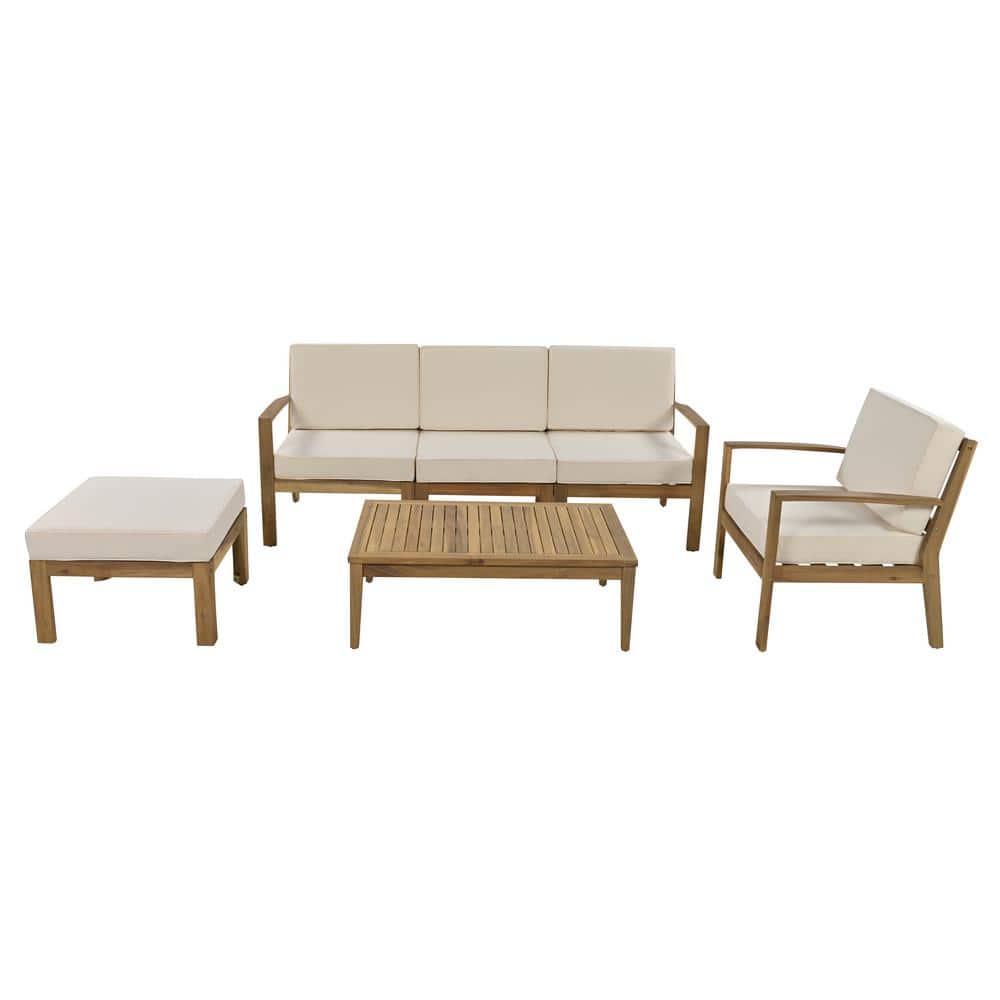 6-Piece Wood Outdoor Sectional Set with Coffee Table and Removable Beige Cu