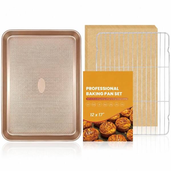 17.5 x 11.8 in. Carbon Steel Baking Sheet with Wire Cooling Rack and 50 Parchment Paper Sheets, Nonstick