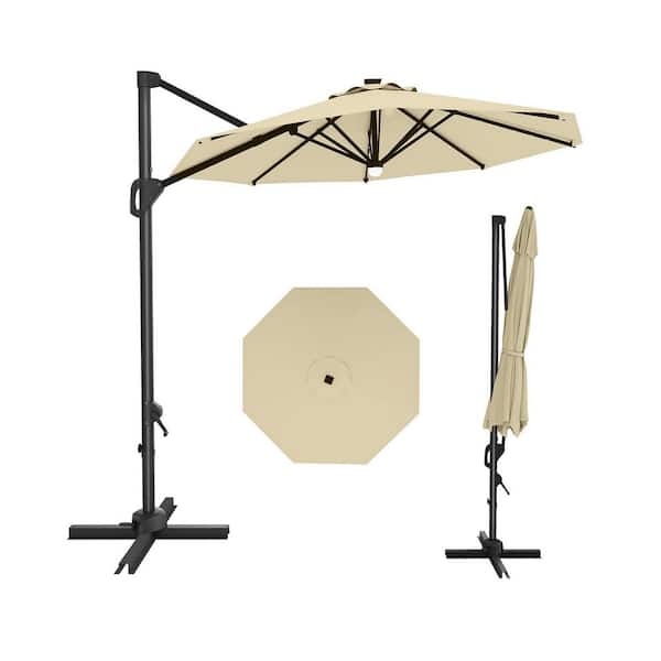 Garvee 10 ft. Outdoor Solar LED Lighted Cantilever Offset Patio Umbrella with Crank & Cross Base in Beige
