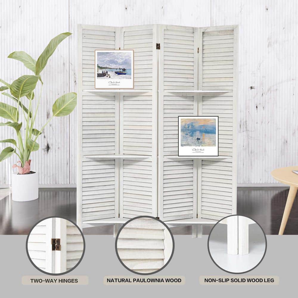 White Wood 5.6 ft Folding Privacy Screen Room Divider with Shelves