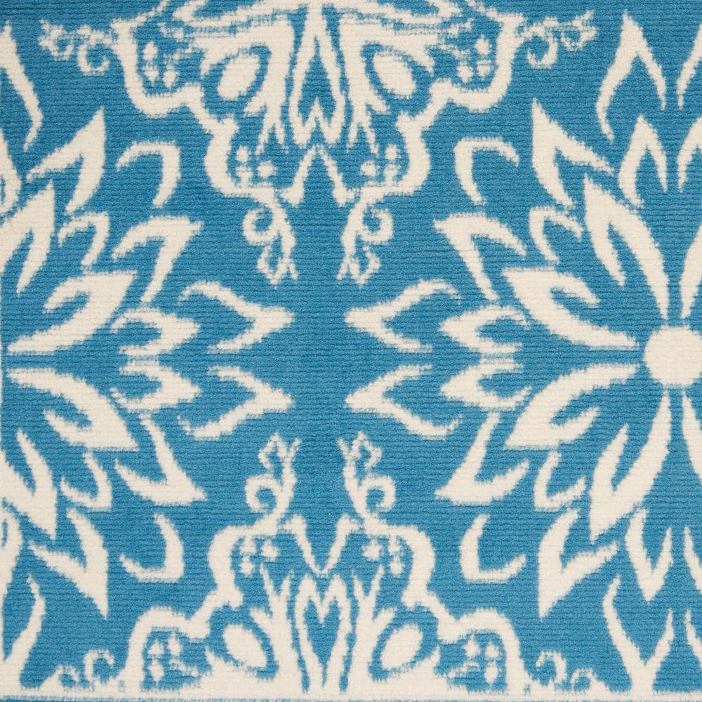 Handmade Floral Ivory & Blue Round Synthetic Area Rug, 5'3" x 7'3"