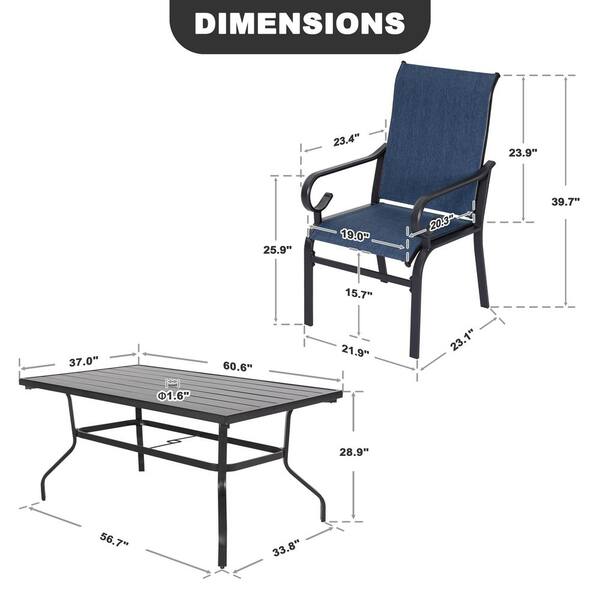 Black 7-Piece Textilene and Metal Rectangular Outdoor Dining Set, Breathable Textilene, Slatted Tabletop, Umbrella Hole