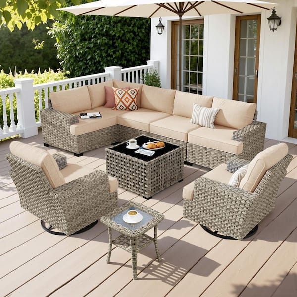 Eunoia 9-Pieces Wicker Patio Conversation Seating Sofa Set with Beige Cushions and Swivel Rocking Chairs