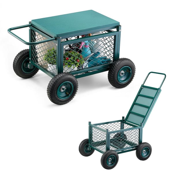 Rolling Garden Cart with Seat, Metal Rolling Garden Work Seat with Wheels, Supports up to 400 LBS. for Lawn, Patio