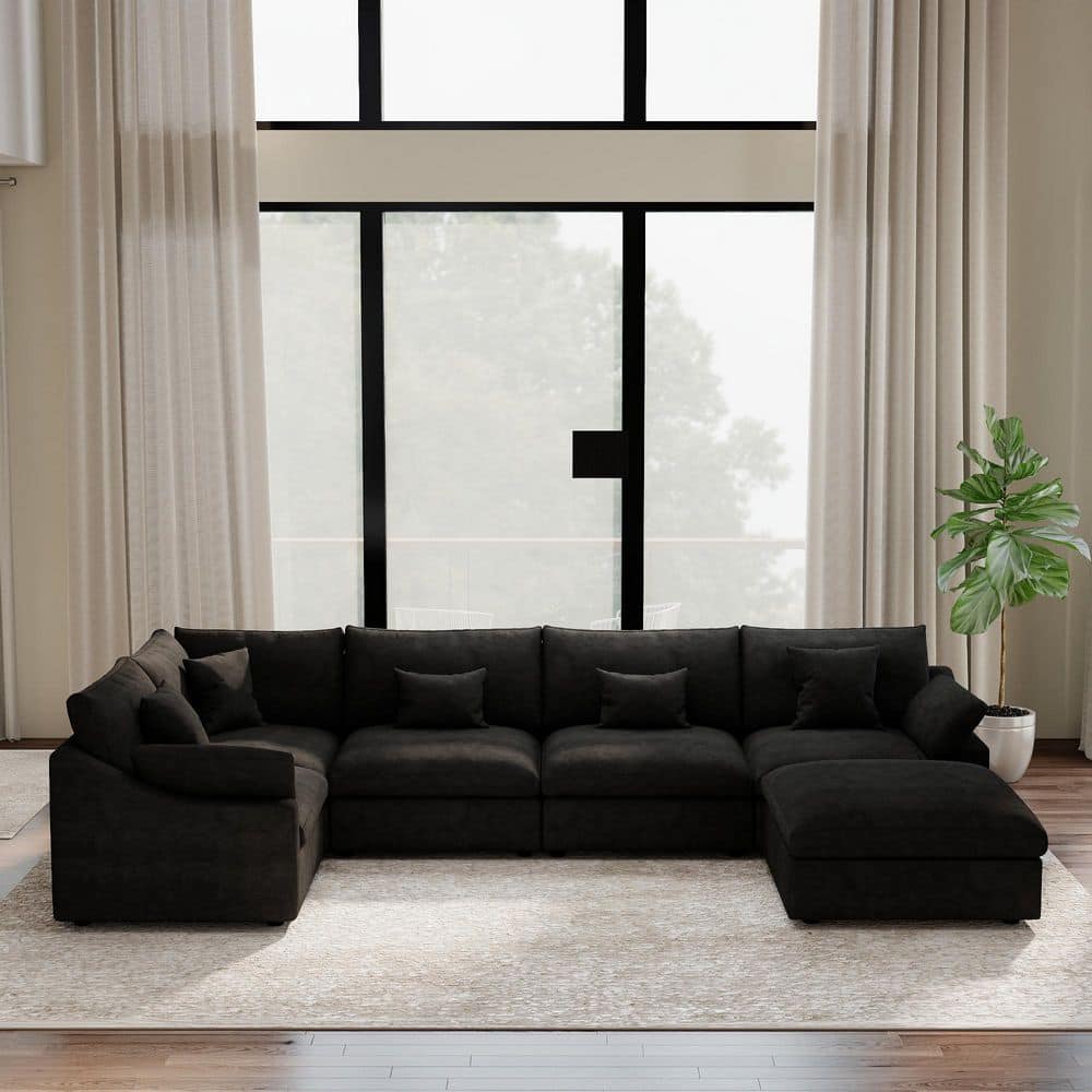 155.9 in. Square Arm Linen Modular Sectional Sofa with Ottoman, Living Room Couch in Black 6-Piece