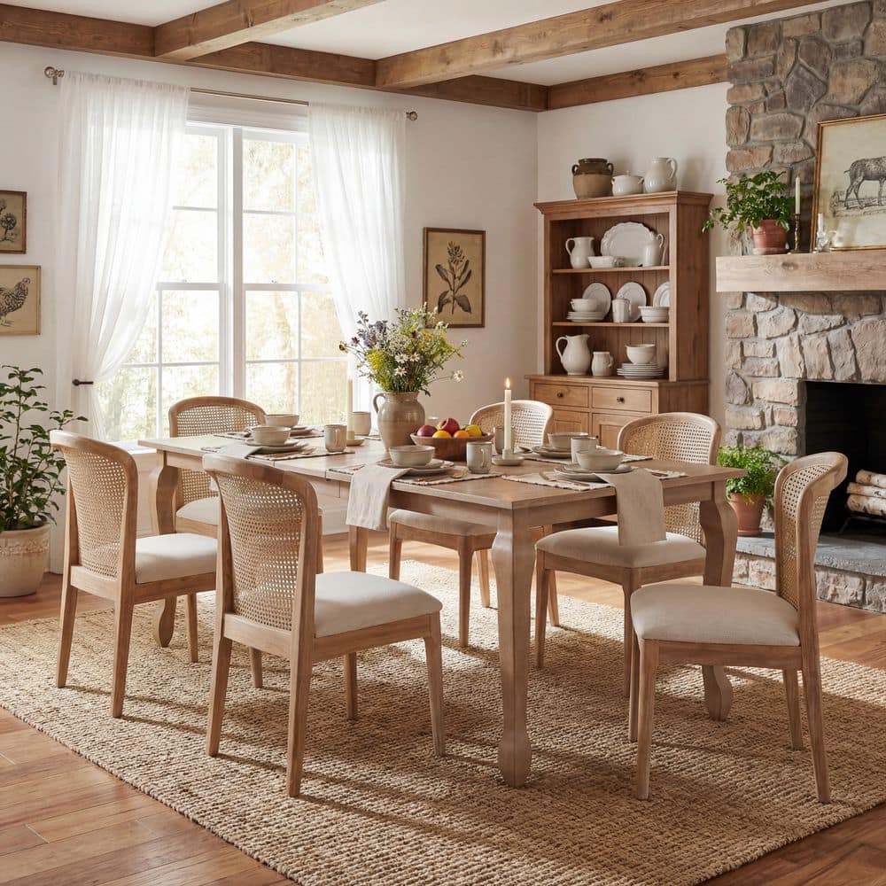 Vit 7-Piece Wood Dining Set with Beige+Natural Fabric Upholstered Dining Chairs, Walnut Extends Dining Table, Seats 6