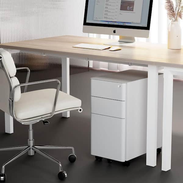 3-Drawer White Metal 11.81 in. W Under Desk Pedestal File Cabinet w/Wheels, Rolling Storage w/Lock, Mobile Space Saving