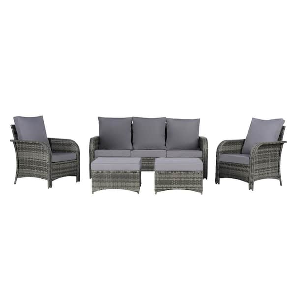 BFB 5-Piece Wicker Patio Furniture Set, High Back Conversation Sectional Sofa with Ottomans