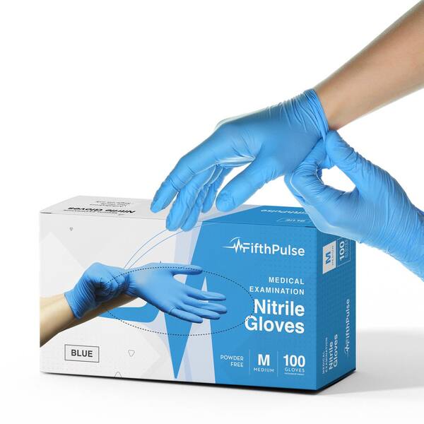 FifthPulse Medium Nitrile Exam Latex Free and Powder Free Gloves in Blue - Box of 100
