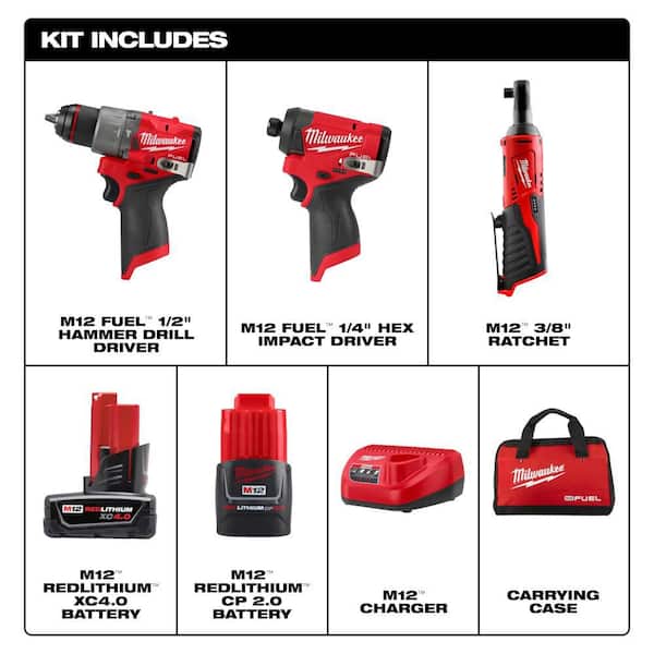 M12 FUEL 12-Volt Li-Ion Brushless Cordless Hammer Drill and Impact Driver Combo Kit (2-Tool) with M12 3/8 in. Ratchet