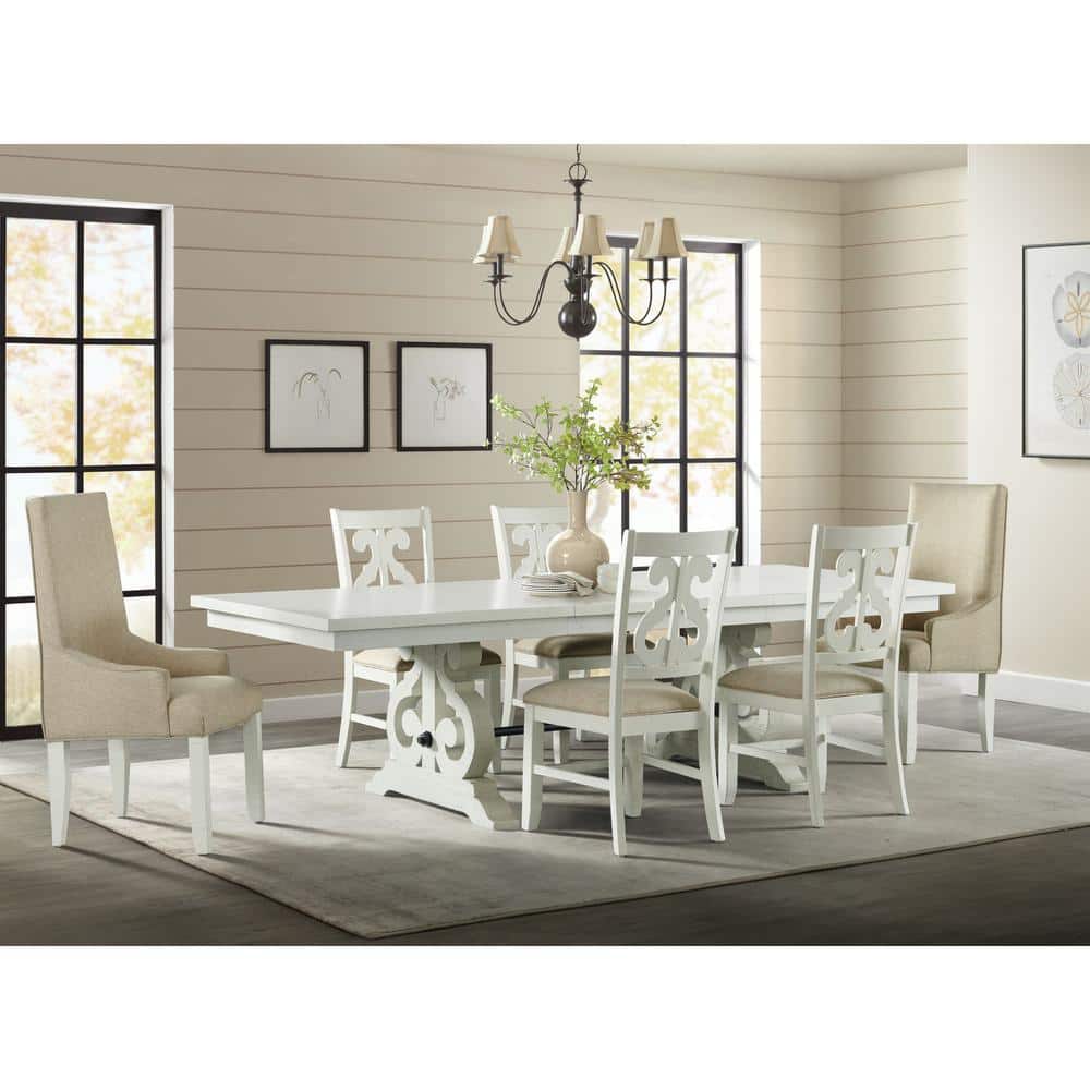 Elegant White Wooden Side Chair with Swirl Back Design and Upholstered Seat