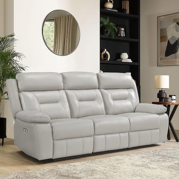 Emillia 87 in. W Pillow Arm Leather Rectangle Power Double Reclining Sofa in Silver