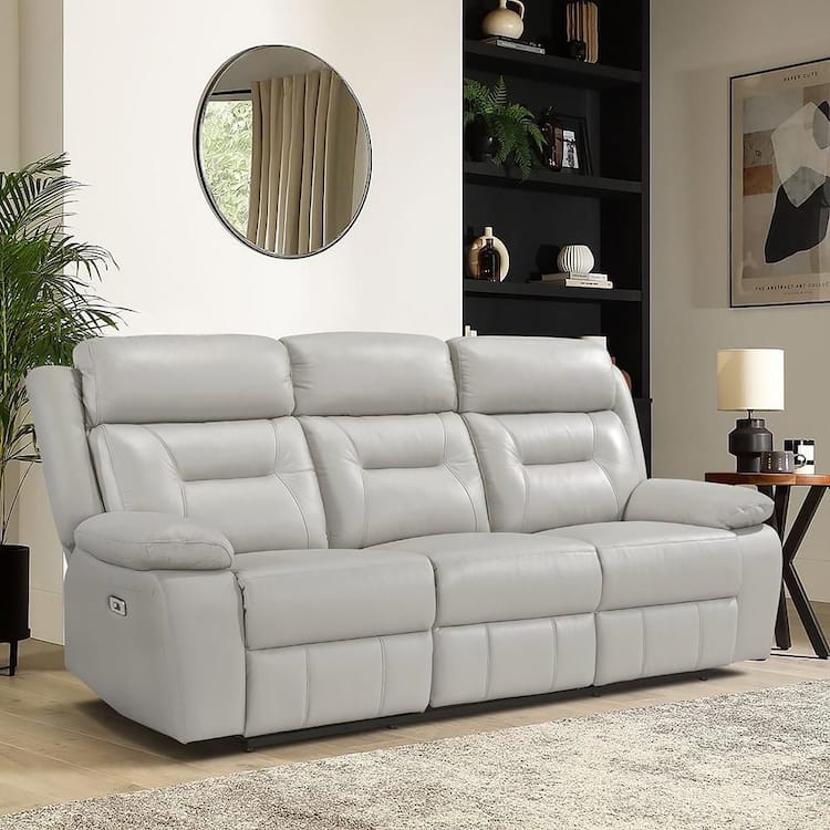 Lazzara Emillia 87 in. W Pillow Arm Leather Rectangle Power Double Reclining Sofa in Silver